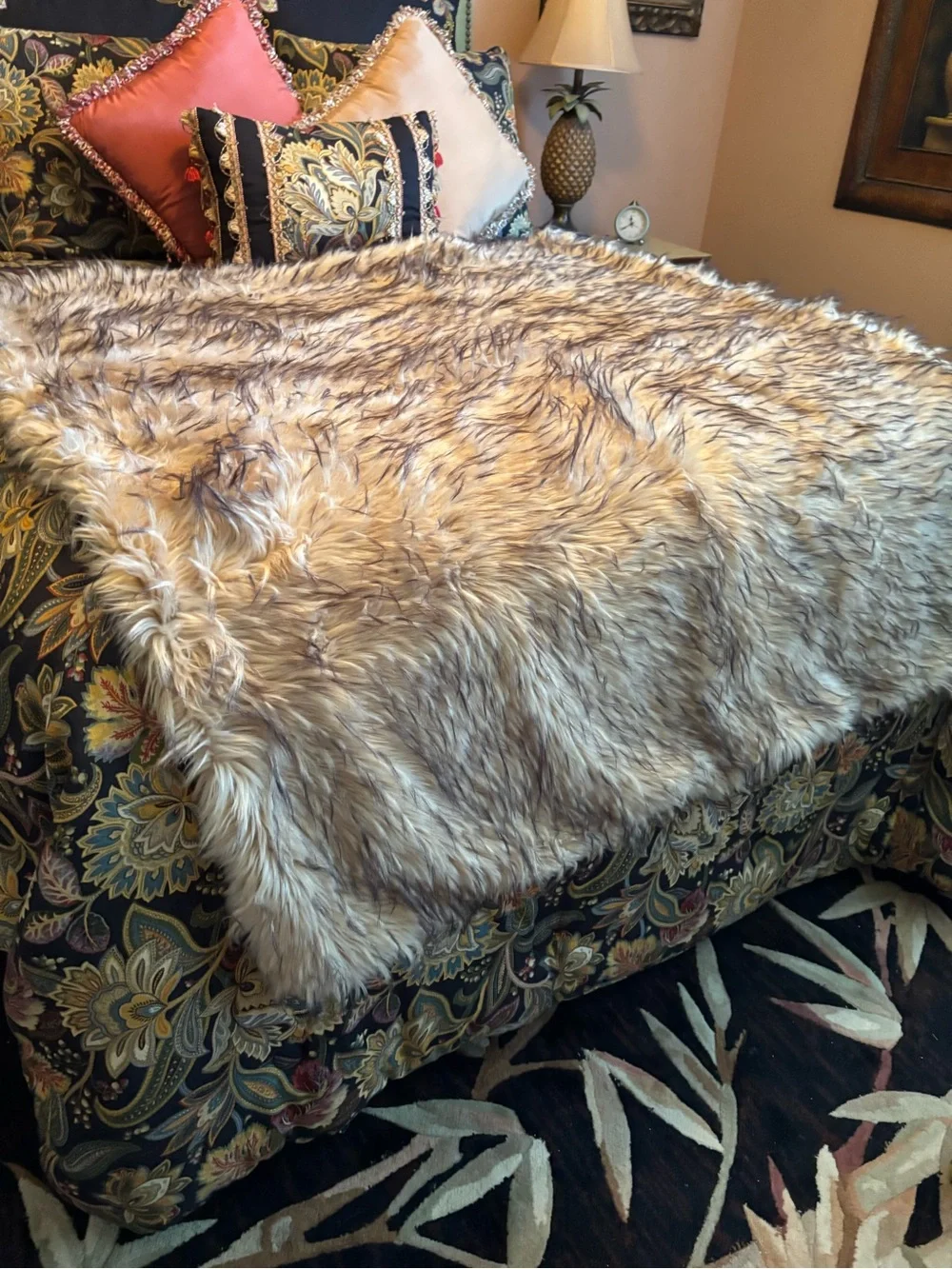 Ballard Design Luxury Frosted Blonde & Brown Fox Faux Fur Throw Suede Lining